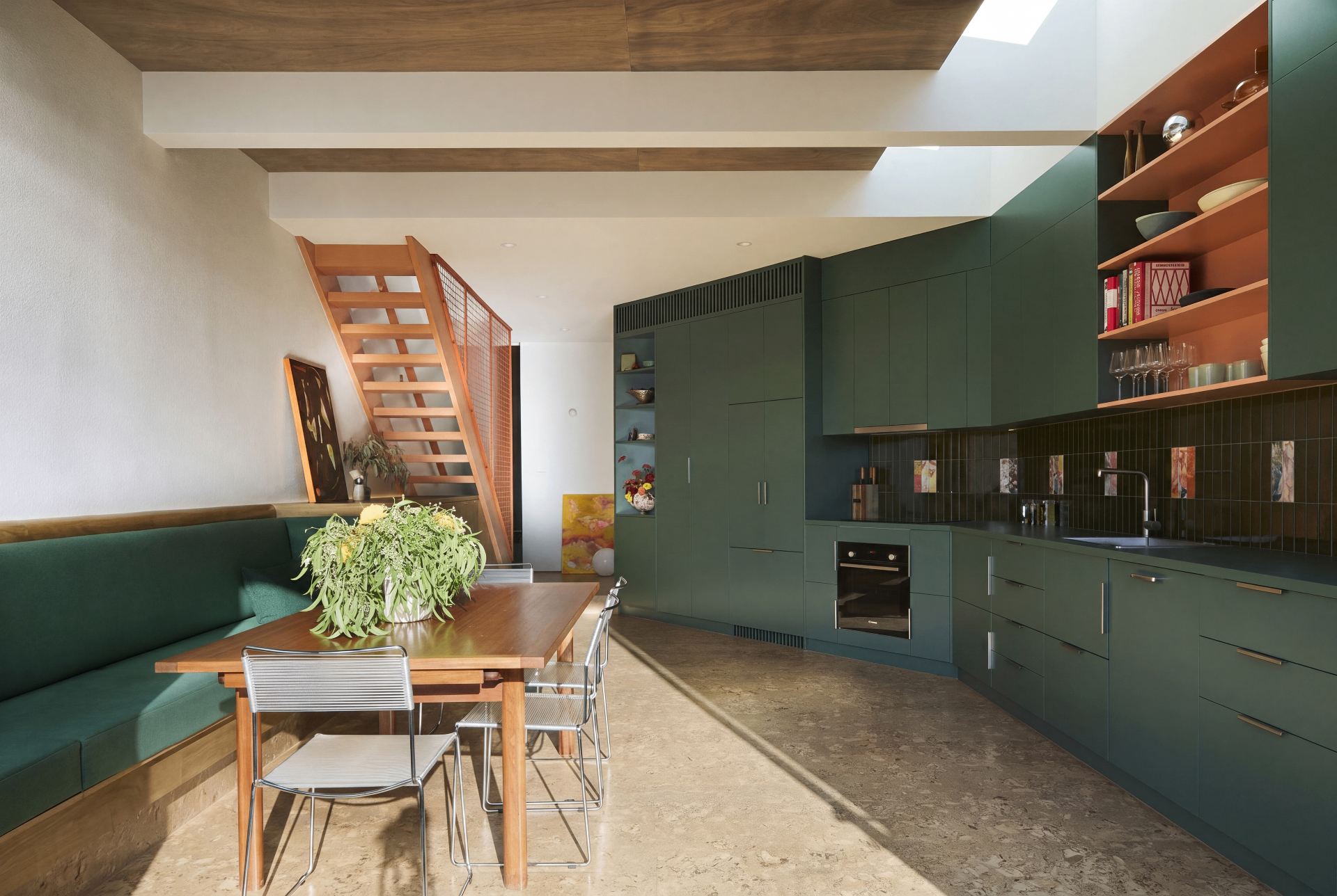 Forest Green L-Shape Kitchen — Modern colour-block — deep green 2-pac with timber open shelving, doors on