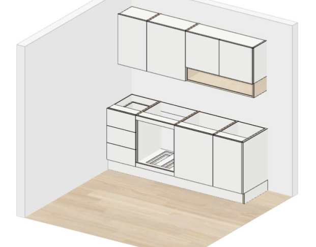 Scandi Galley — cabinet carcases, doors removed