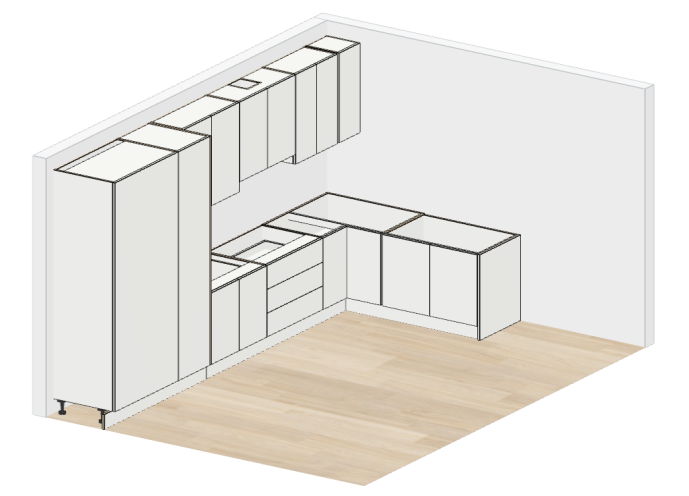 Scandi Galley L-Shape — cabinet carcases, doors removed