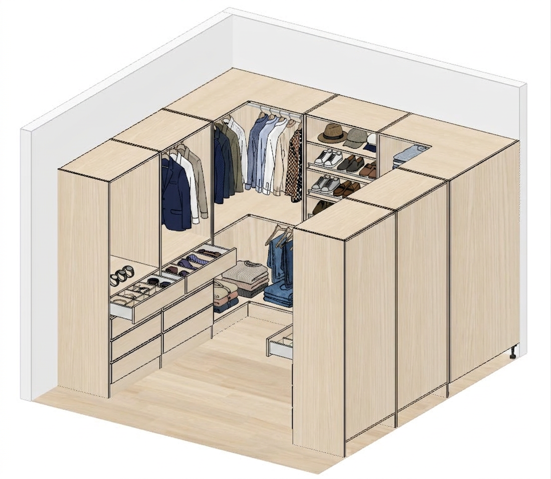 Walk-in Timber Robe 3.6m — Modern — warm oak open shelving + shoe rack + drawer, doors on