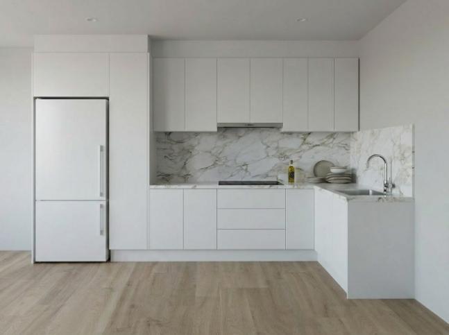 Scandi Galley L-Shape — Scandinavian — flush flat-panel white, doors on