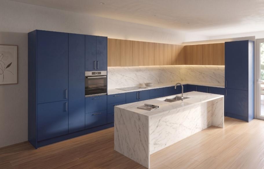 Royal Blue & Timber L-Shape — Contemporary — flush flat-panel blue + warm oak, doors on