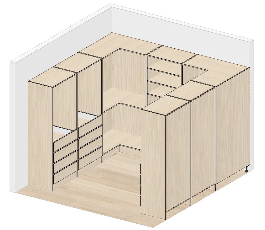 Walk-in Timber Robe 3.6m — cabinet carcases, doors removed