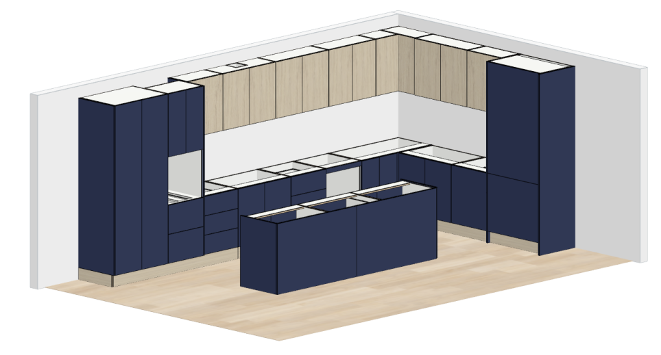 Royal Blue & Timber L-Shape — cabinet carcases, doors removed