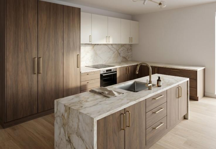 Two-Toned L-Shape — Modern two-tone — flush flat-panel white + woodgrain, doors on