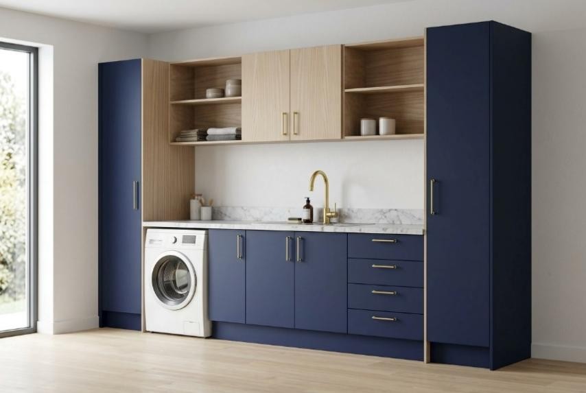 Modern Two Tone — Modern — flush flat-panel navy, oak panels + open shelving, doors on