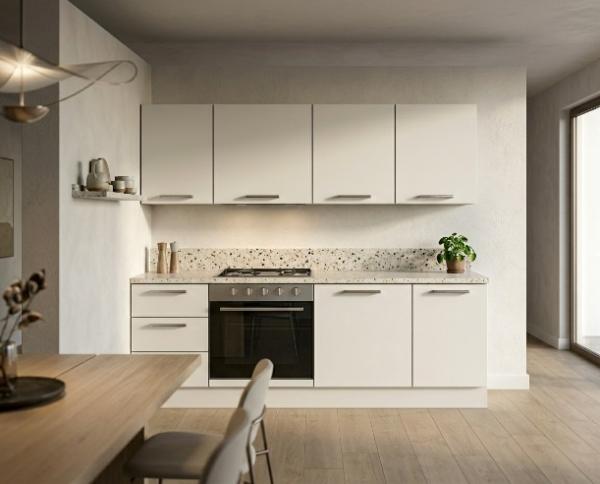 Scandi Galley — Scandinavian — flush flat-panel white + oak shelf, doors on