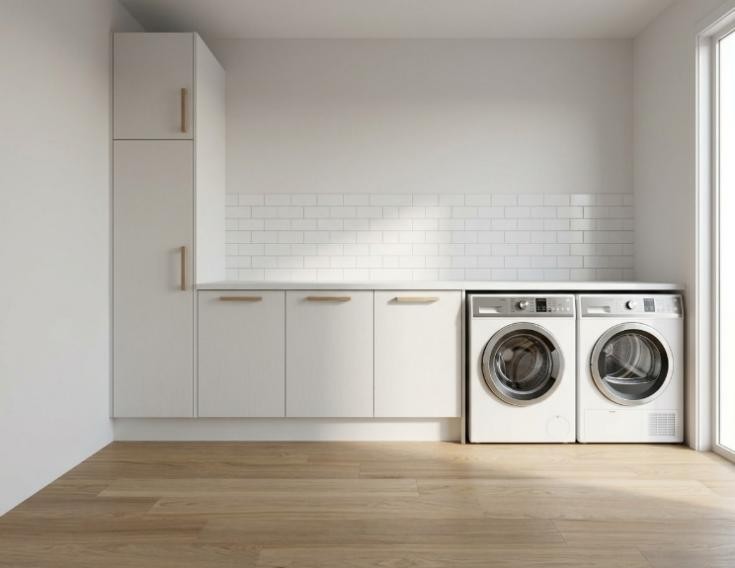 Clean White — Clean white — flush flat-panel matte white, tall cabinet, doors on