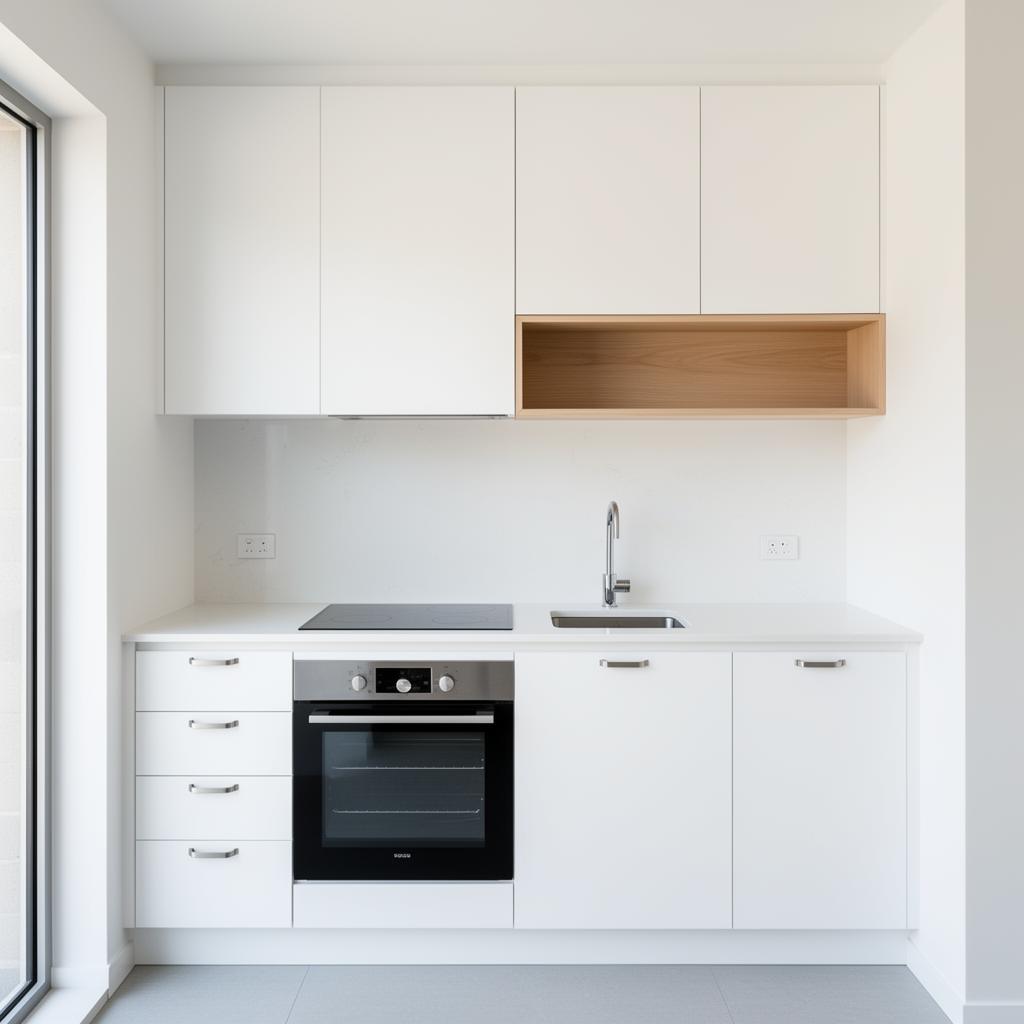 Scandi Galley 2.4m — Scandinavian — flush flat-panel white + oak shelf, doors on
