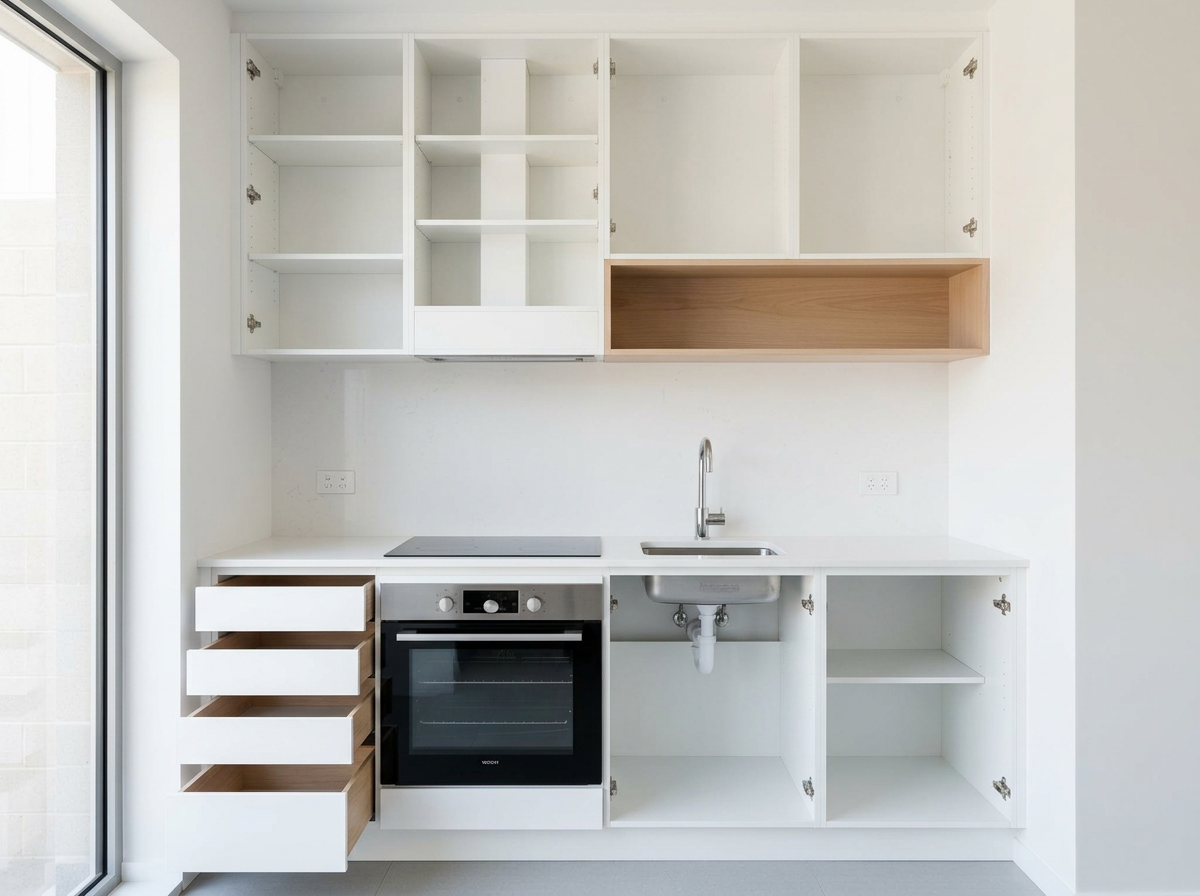 Scandi Galley 2.4m — cabinet carcases, doors removed