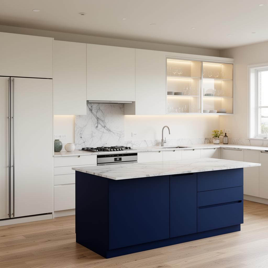 Modern Coastal Island 3.6m + Island — Modern coastal — flush flat-panel white + navy island, doors on