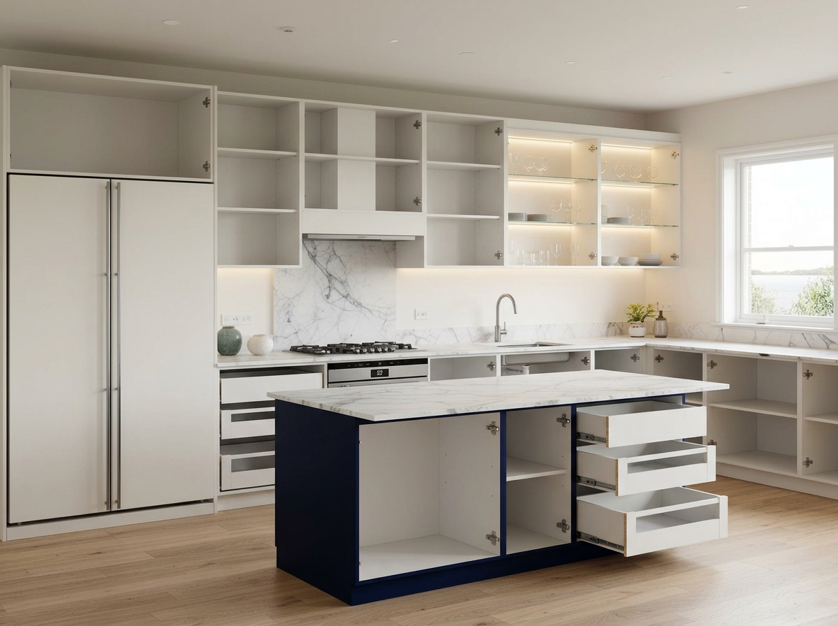 Modern Coastal Island 3.6m + Island — cabinet carcases, doors removed