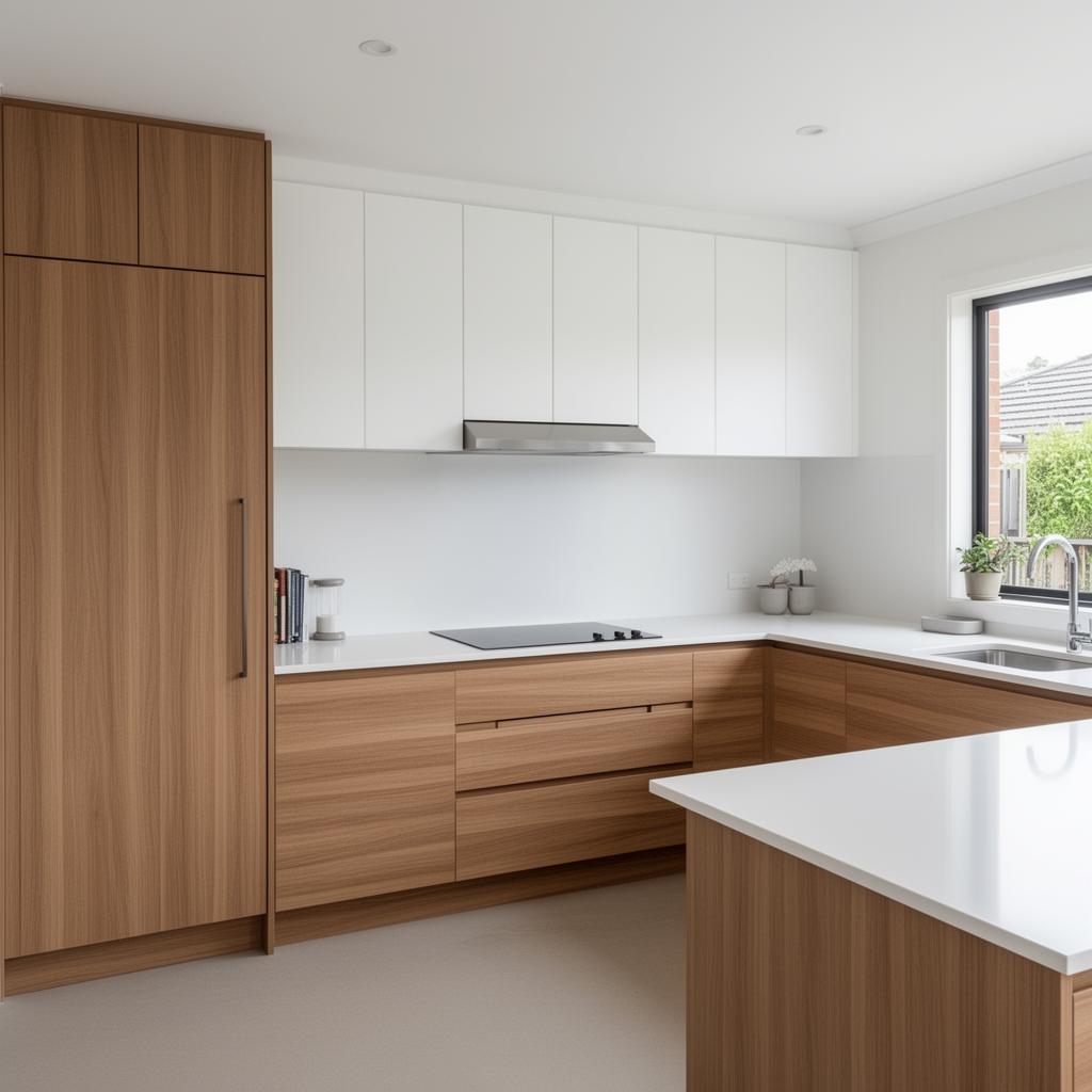 Two-Tone L-Shape 3.0m — Modern two-tone — flush flat-panel white + oak woodgrain, doors on