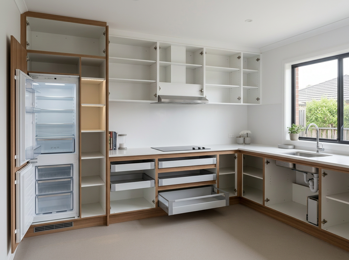 Two-Tone L-Shape 3.0m — cabinet carcases, doors removed