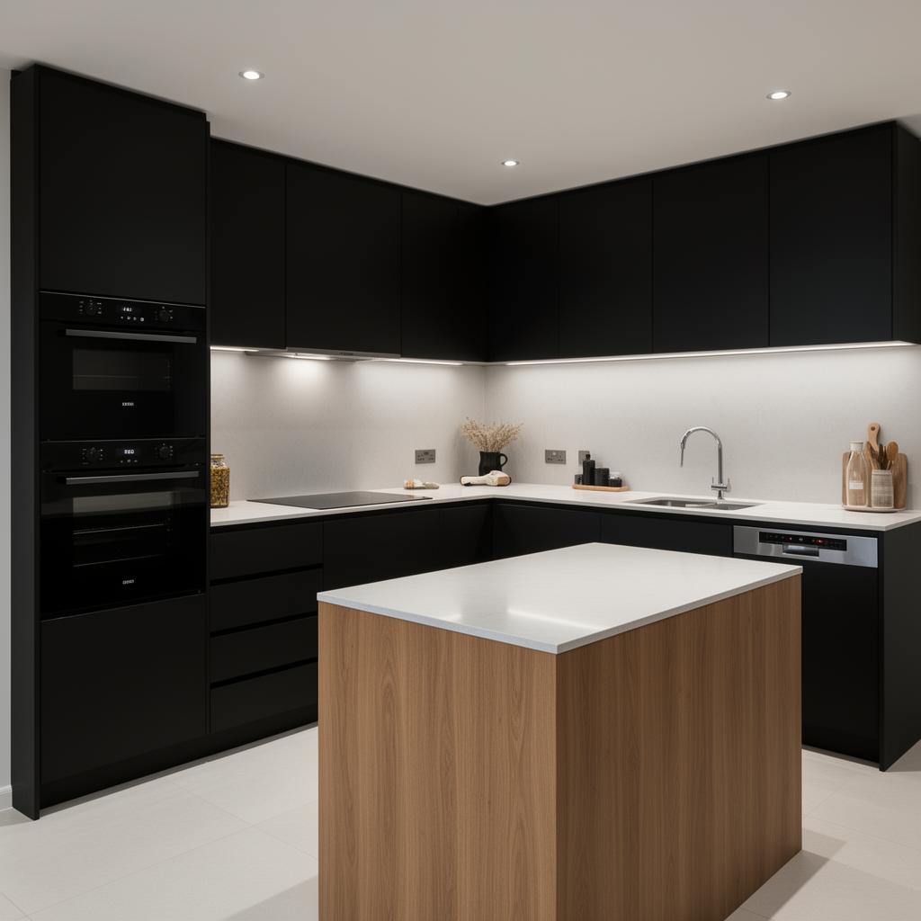 Black & Timber U-Shape 4.2m — Contemporary — flush flat-panel matte black + warm oak, doors on