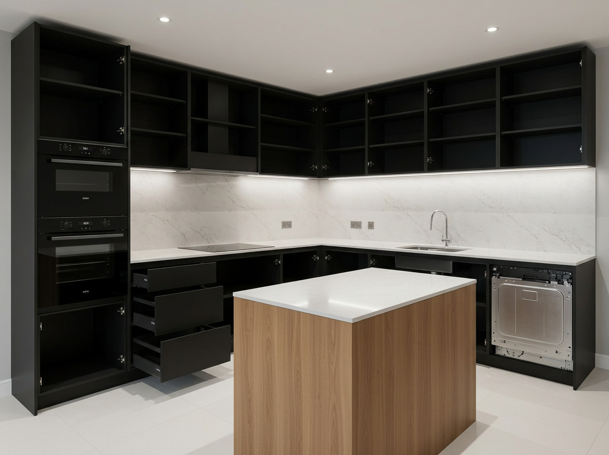 Black & Timber U-Shape 4.2m — cabinet carcases, doors removed