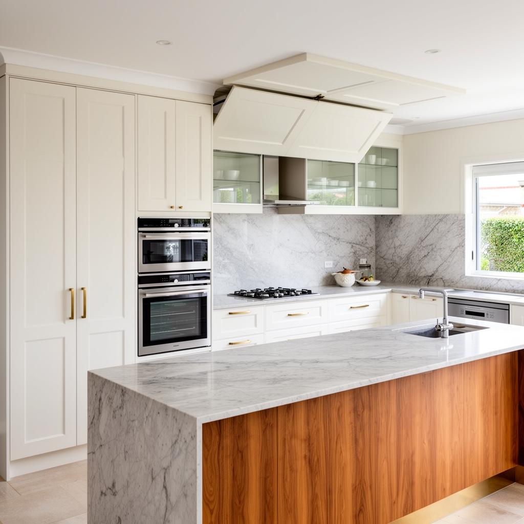 Open Plan + Butlers 5.4m — Luxury shaker — white shaker doors + timber island, butlers pantry, doors on