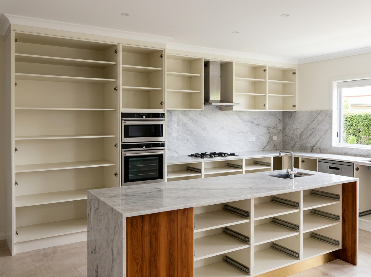Open Plan + Butlers 5.4m — cabinet carcases, doors removed