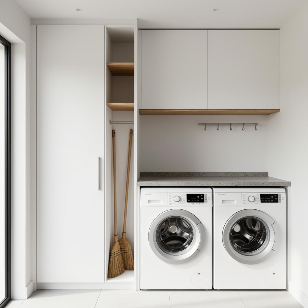 Scandi Side-by-Side 1.8m — Scandi — flush flat-panel matte white, broom tower, doors on