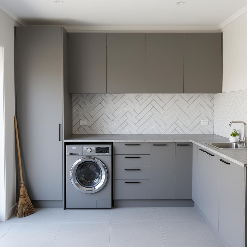 Modern Grey 2.4m U-Shape — Modern — flush flat-panel grey, herringbone splashback, doors on