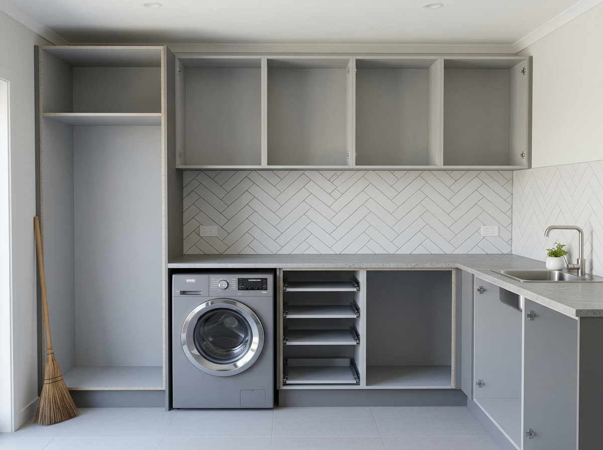 Modern Grey 2.4m U-Shape — cabinet carcases, doors removed