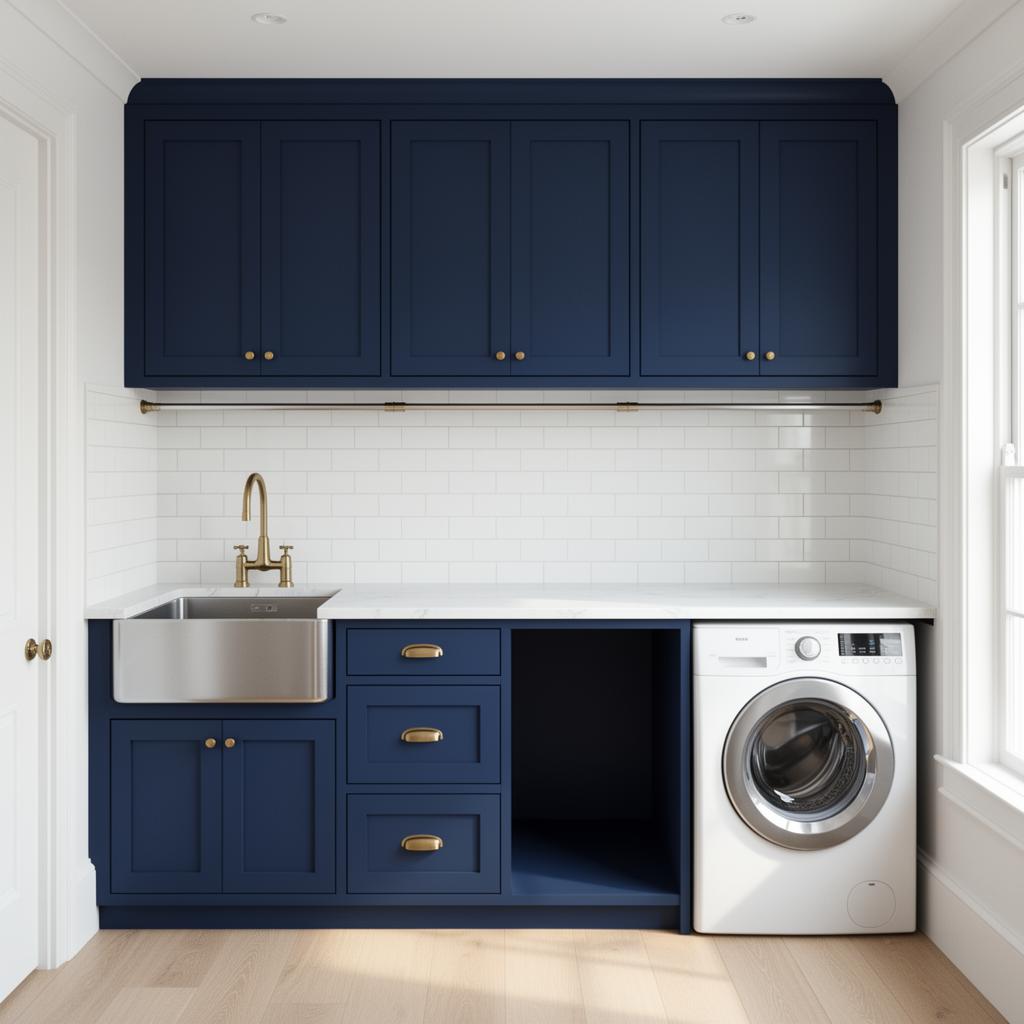 Modern Navy 3.0m — Modern — flush flat-panel navy, brass hardware, doors on