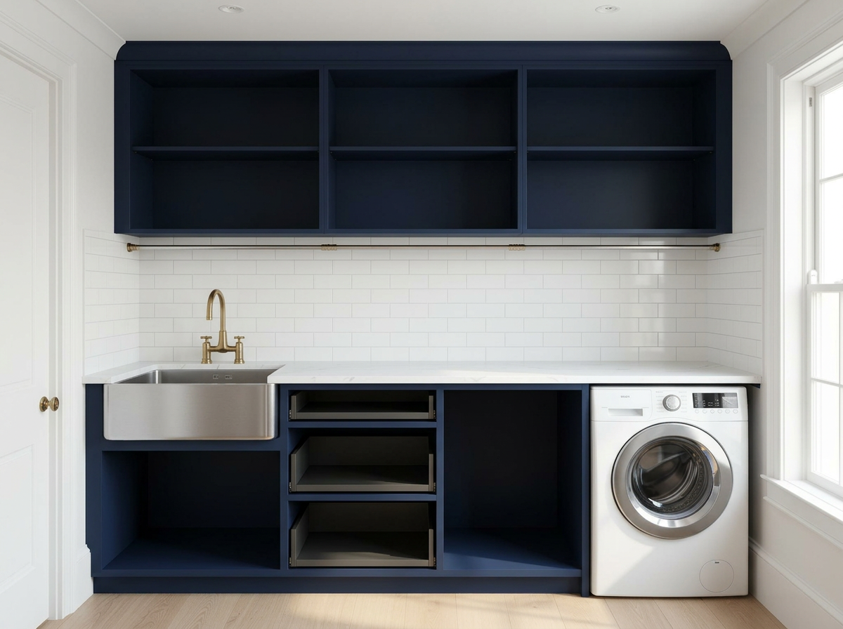 Modern Navy 3.0m — cabinet carcases, doors removed