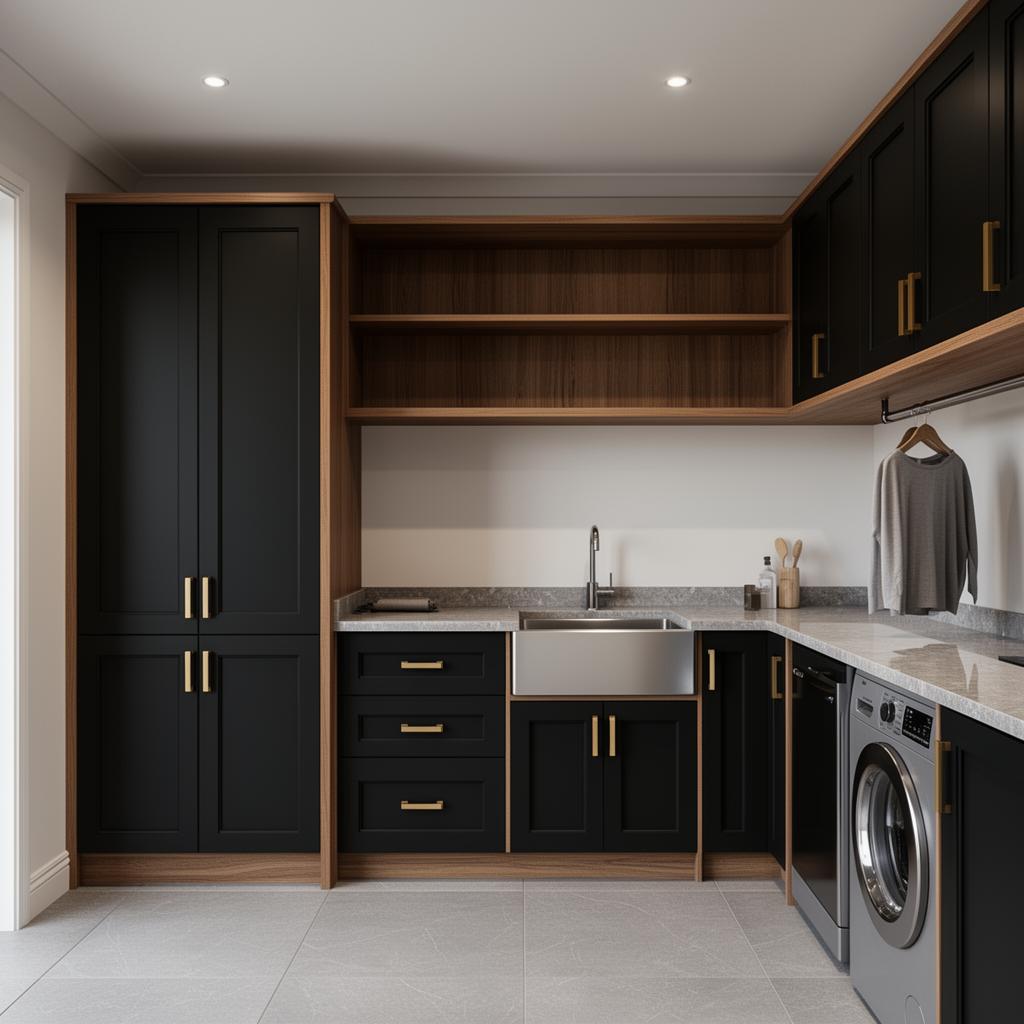 Timber Butlers Laundry 3.6m — Luxury shaker — timber shaker doors + open shelving, doors on