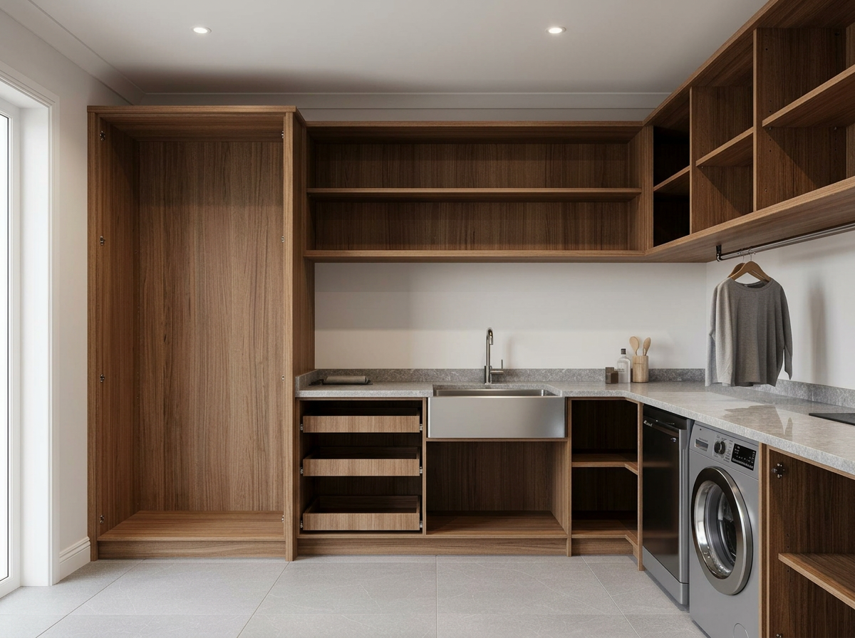 Timber Butlers Laundry 3.6m — cabinet carcases, doors removed
