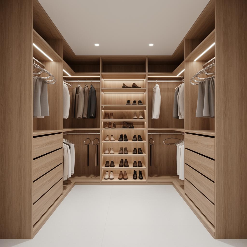 Walk-in Timber Robe 3.6m — Modern — warm oak open shelving, LED, doors on
