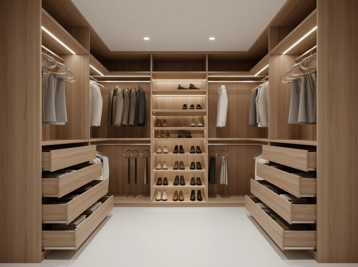 Walk-in Timber Robe 3.6m — cabinet carcases, doors removed