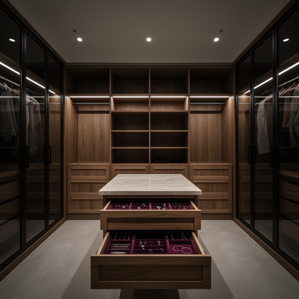 Luxe Walk-in Dressing Room 4.8m — Luxury — timber shaker drawer bank with open shelving, doors on