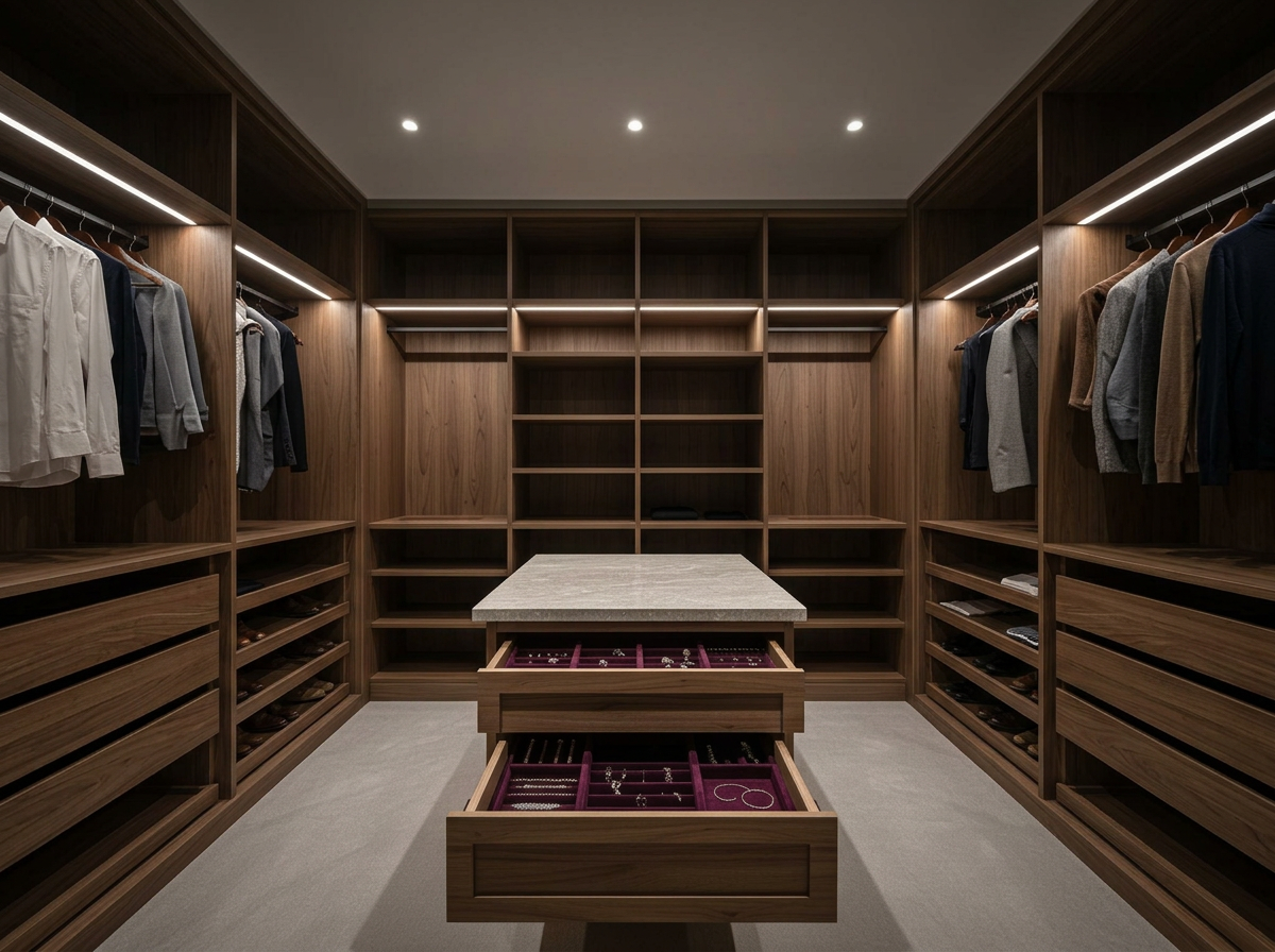 Luxe Walk-in Dressing Room 4.8m — cabinet carcases, doors removed